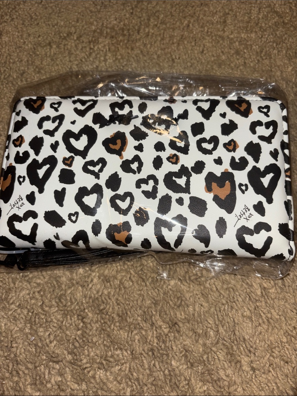 Betsey Johnson White Leopard Heart Print Wallet with Black and Brown Accents